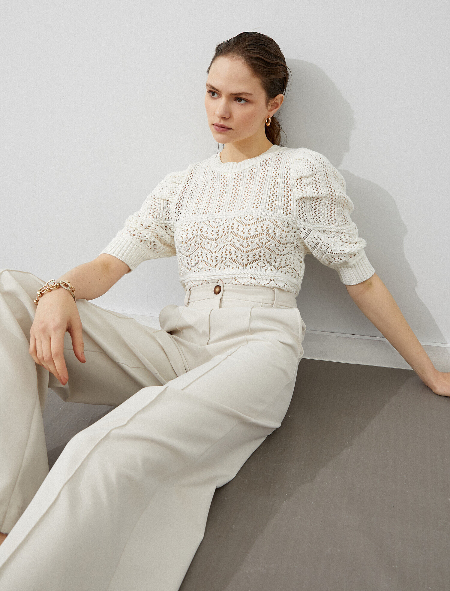   Bisiklet Yaka Triko Kazak 3/4 Kol Pamuklu