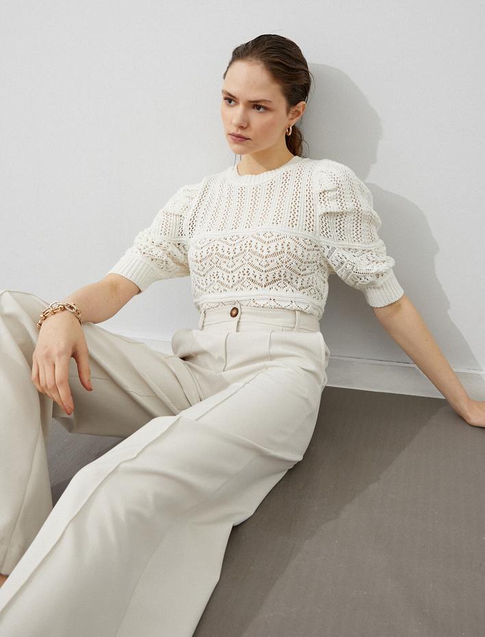  Bisiklet Yaka Triko Kazak 3/4 Kol Pamuklu