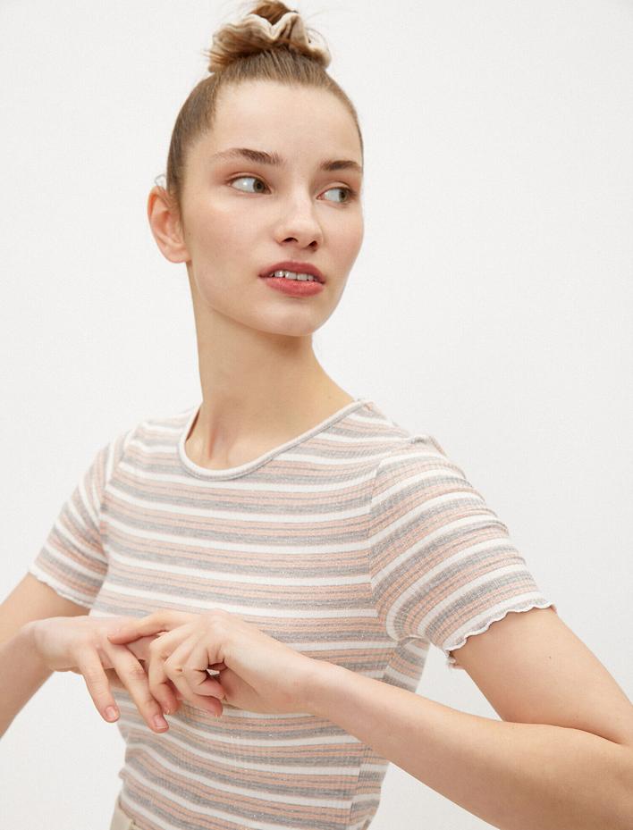  Çizgili Tişört Bisiklet Yaka Simli