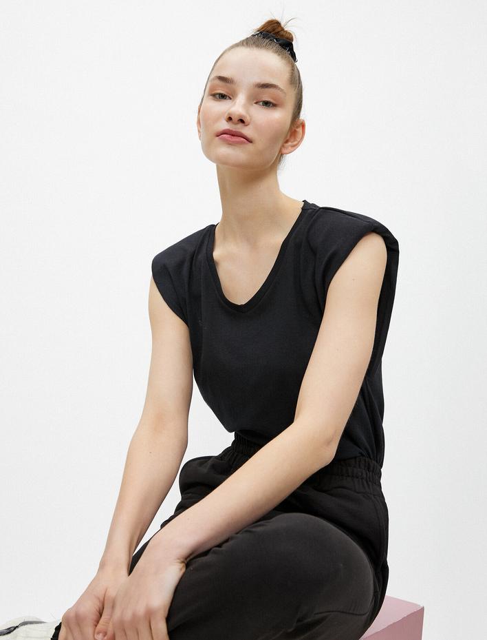  Vatkalı Tişört Kolsuz V Yaka Pamuklu