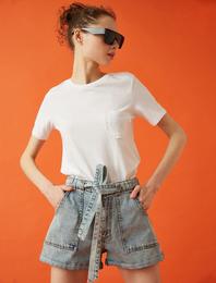 Cepli Tişört Fırfır Detaylı Bisiklet Yaka Pamuklu