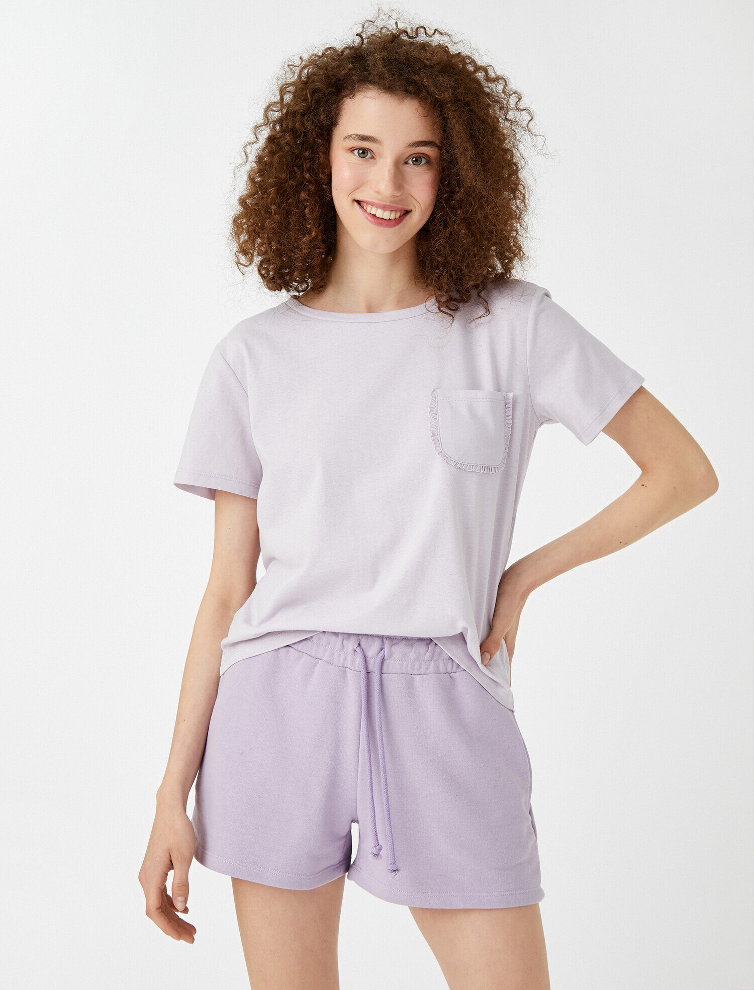   Cepli Tişört Fırfır Detaylı Bisiklet Yaka Pamuklu