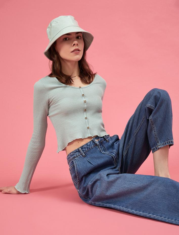  Uzun Kollu Bluz Düğmeli Waffle Pamuklu