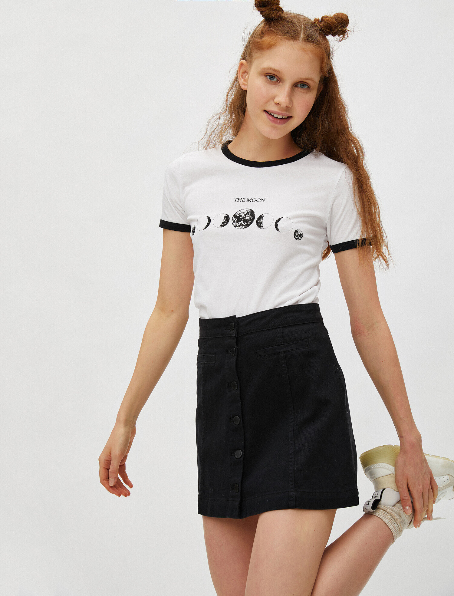   Kısa Kollu Tişört Bisiklet Yaka Baskılı Pamuklu Şerit Detaylı