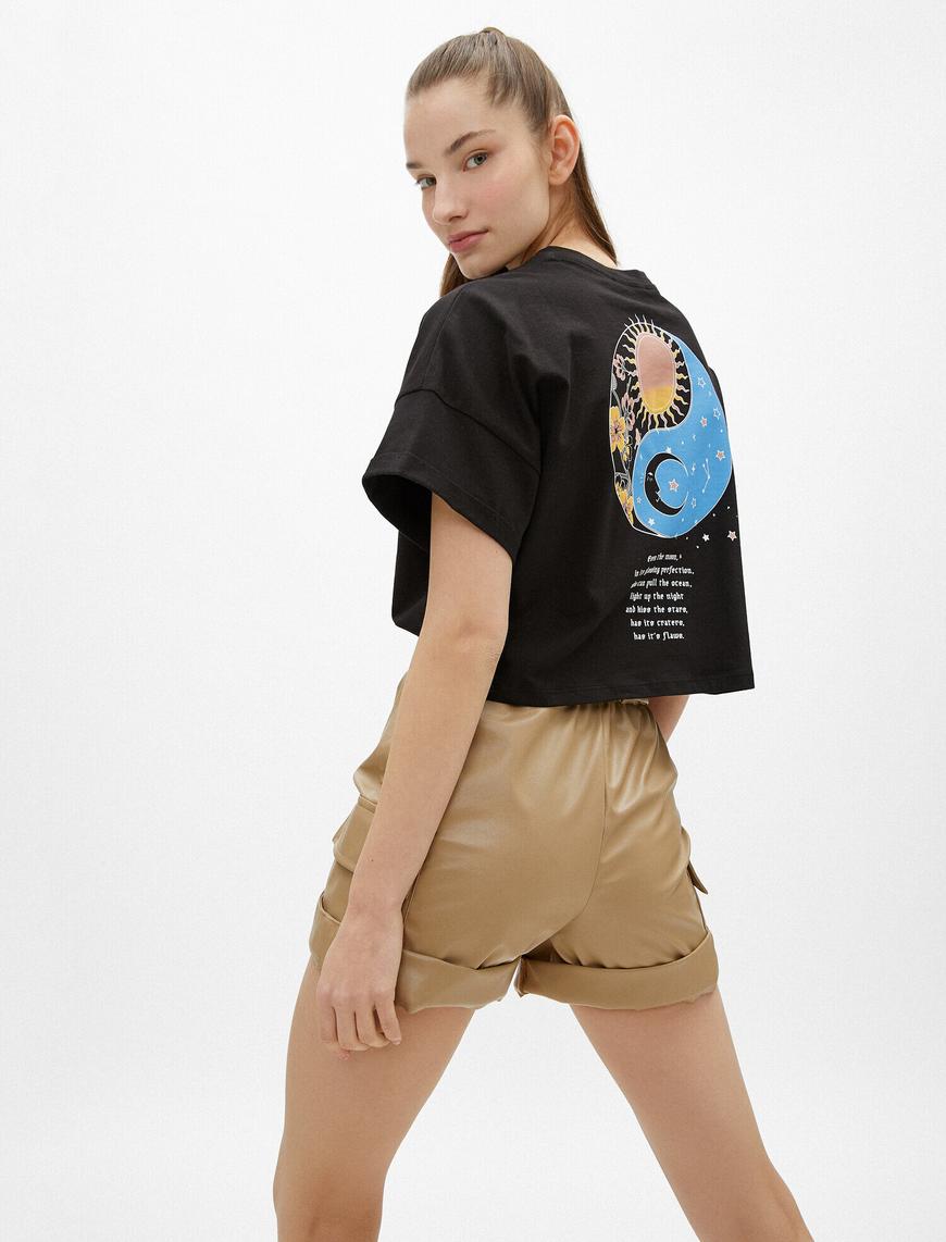 トップス GEN Siyah Crop Tişört Baskılı Bisiklet Yaka Pamuklu 1YAL18540IK | Koton