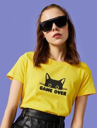 Baskılı Tişört Bisiklet Yaka Kısa Kollu