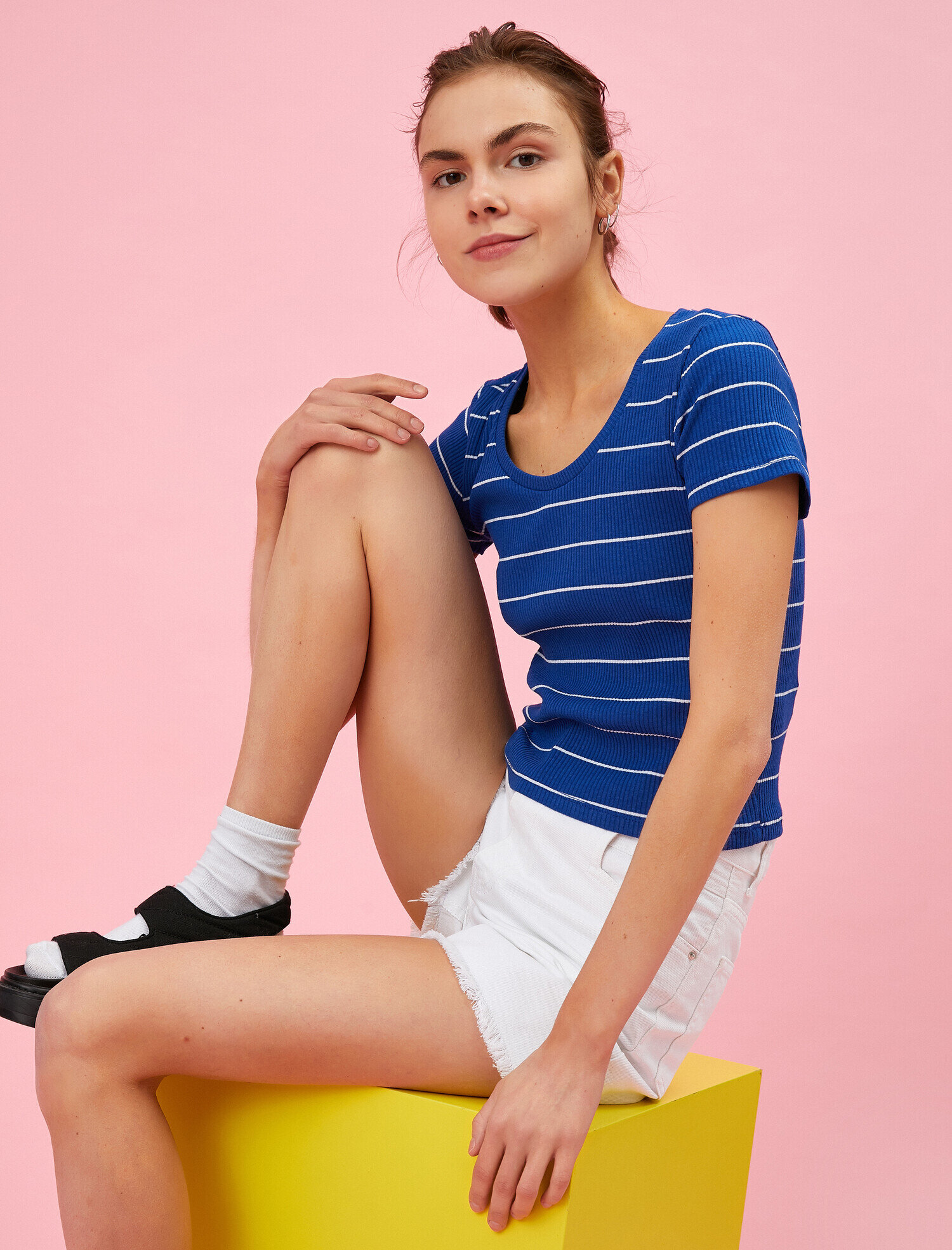   Çizgili Tişört Bisiklet Yaka