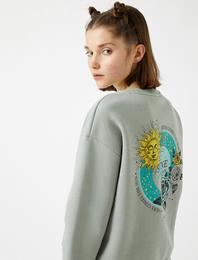 Pamuklu Bisiklet Yaka Baskılı Sweatshirt