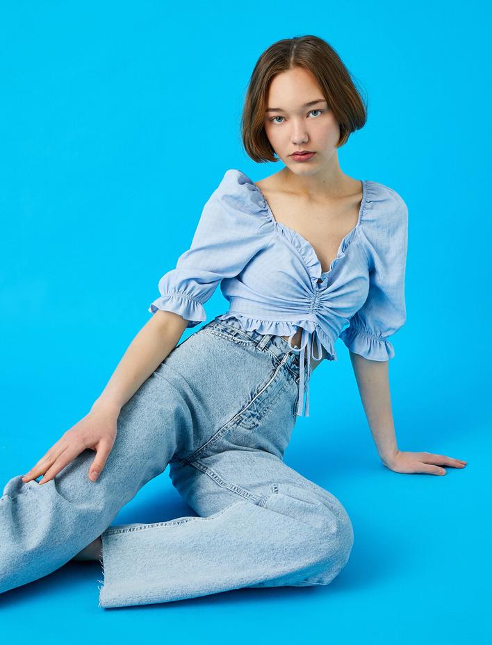  Crop Bluz Balon Kol Büzgülü