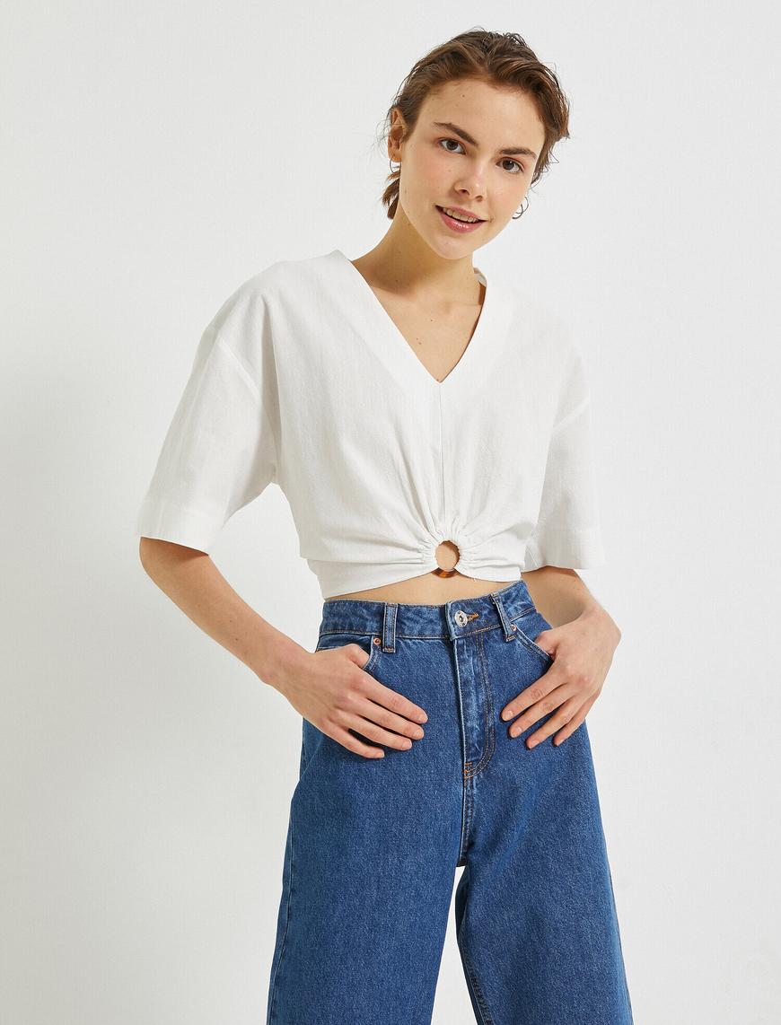   Crop Bluz Toka Detaylı V Yaka