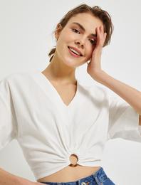 Crop Bluz Toka Detaylı V Yaka