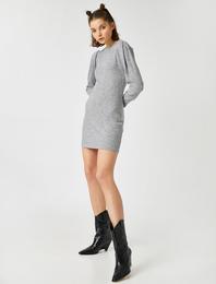 Uzun Puff Kol Bisiklet Yaka Kısa Triko Elbise