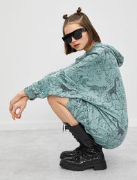 Baskılı Kapüşonlu Elbise Oversize