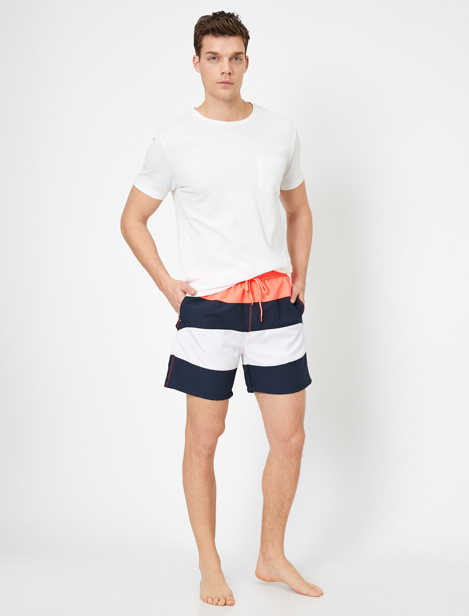 Lacivert Erkek Deniz Şortu Beli Bağcıklı Renk Bloklu Cepli