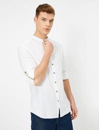 Hakim Yaka Apoletli Pamuklu Slim Fit Gömlek