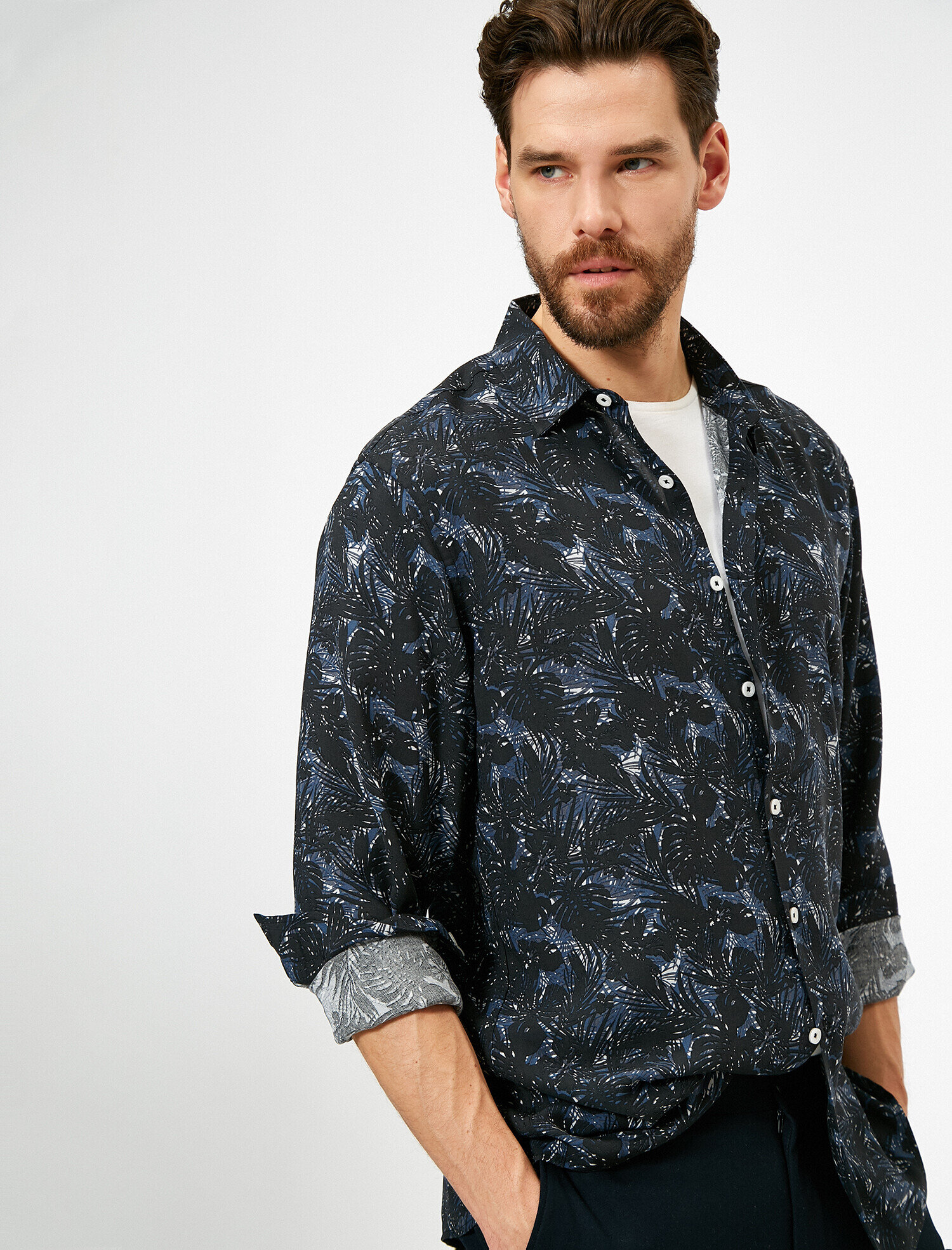   Pamuklu Yaprak Desenli Uzun Kollu Yazlık Gömlek