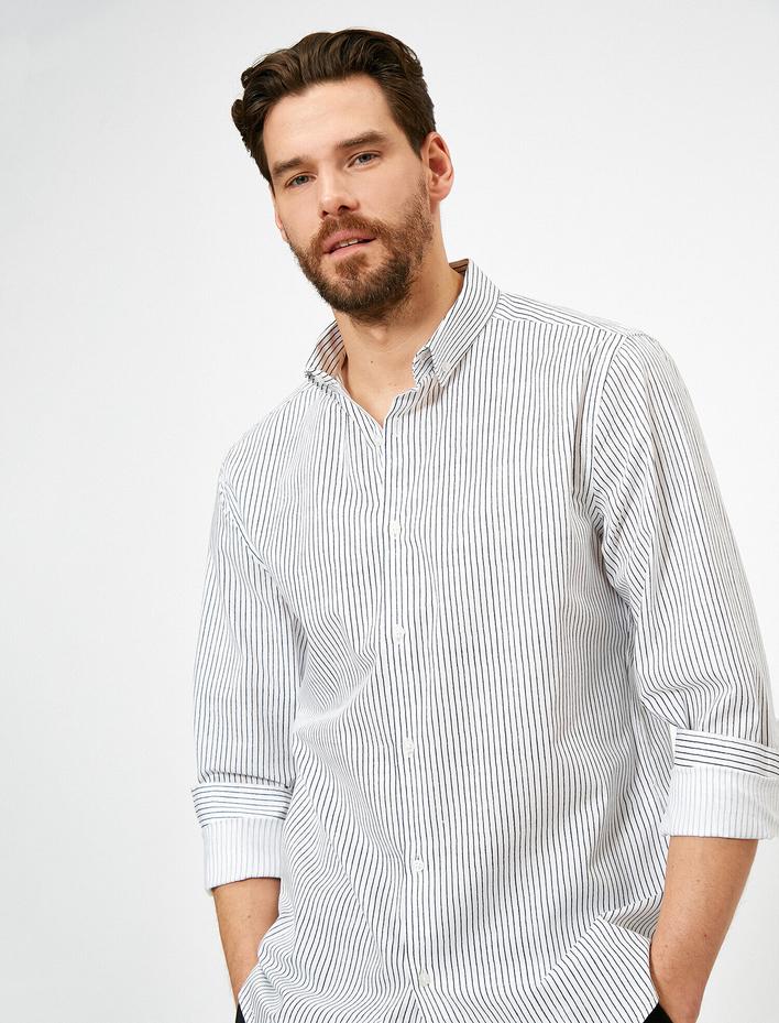  Düğmeli Yaka Çizgili Slim Fit Smart Gömlek Non Iron