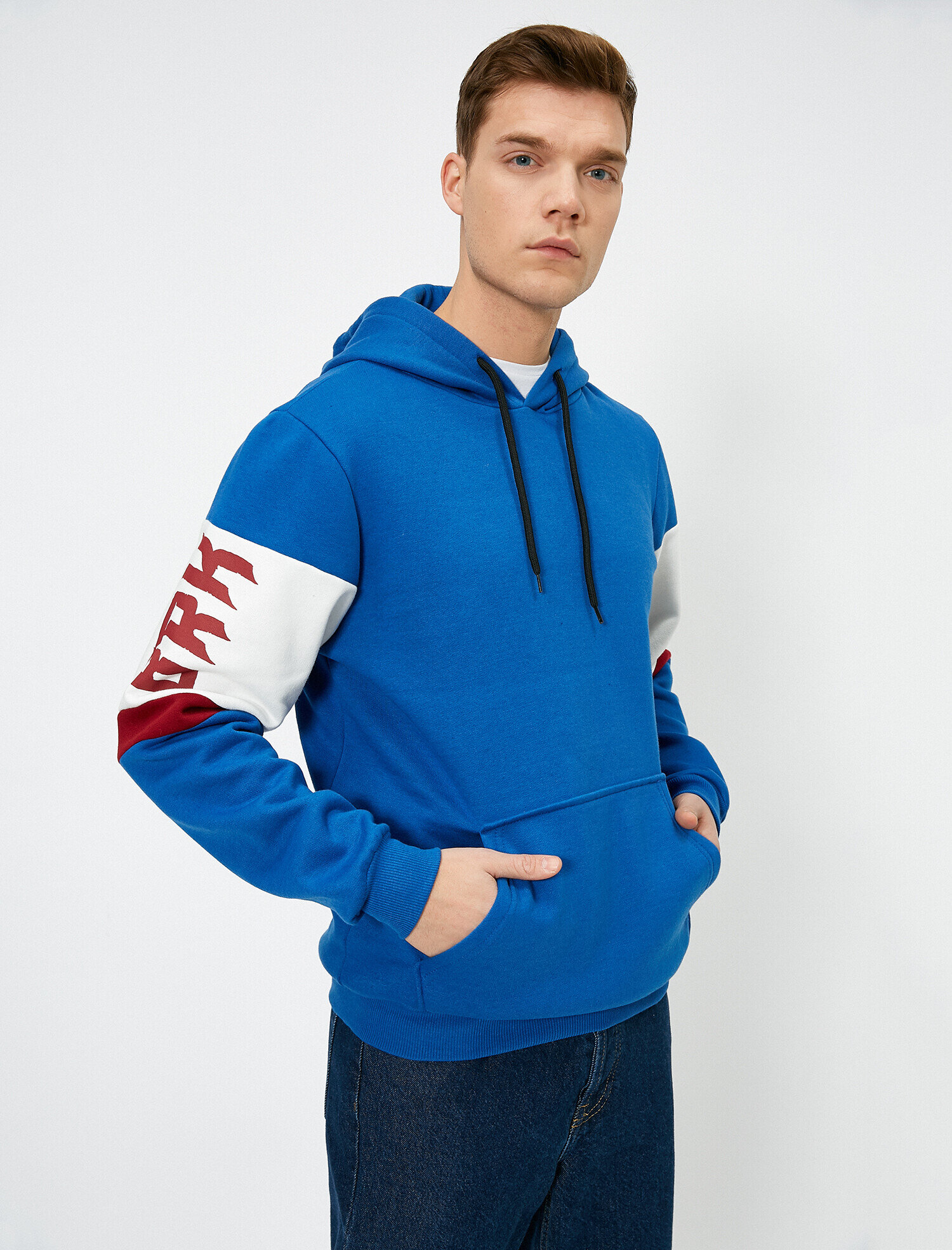Lacivert Erkek Kapüşonlu Kolları Baskılı Kanguru Cepli Sweatshirt