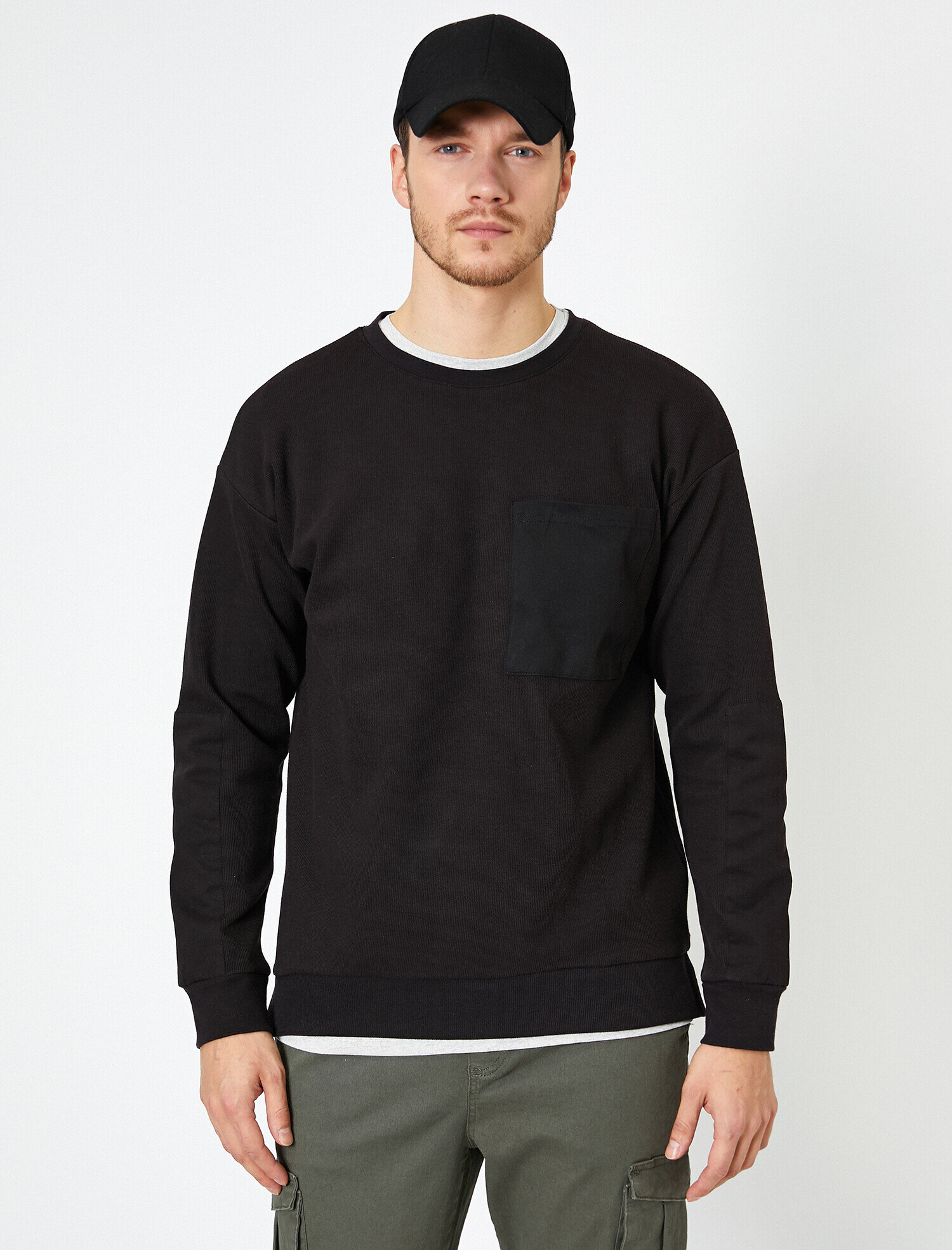   Bisiklet Yaka Cep Detaylı Basic Sweatshirt