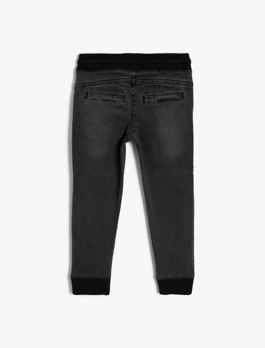  Erkek Çocuk Kot Pantolon Jogger Beli Bağlamalı Pamuklu Cepli - Jegging Jean