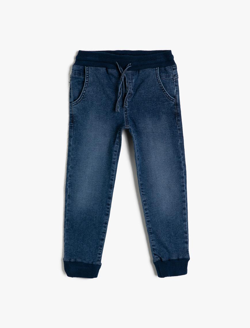  Erkek Çocuk Kot Pantolon Jogger Beli Bağlamalı Pamuklu Cepli - Jegging Jean