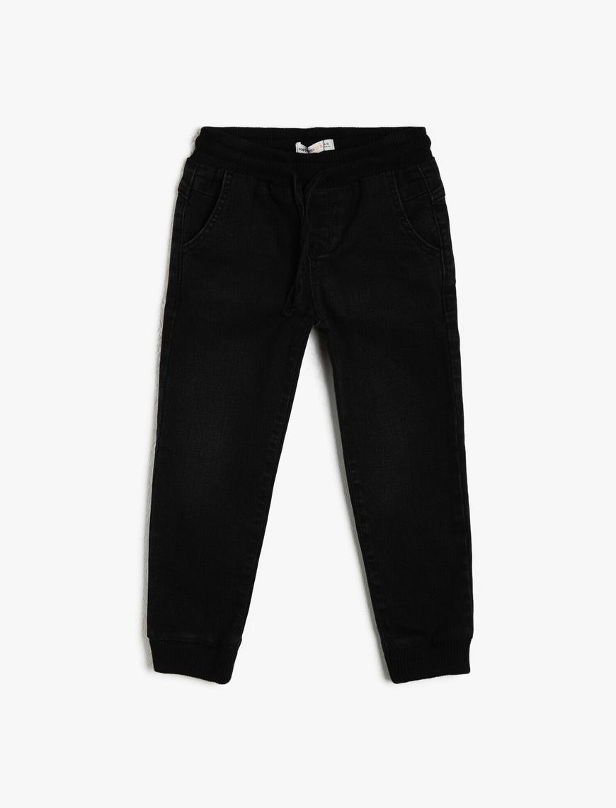  Erkek Çocuk Kot Pantolon Jogger Beli Bağlamalı Pamuklu Cepli - Jegging Jean