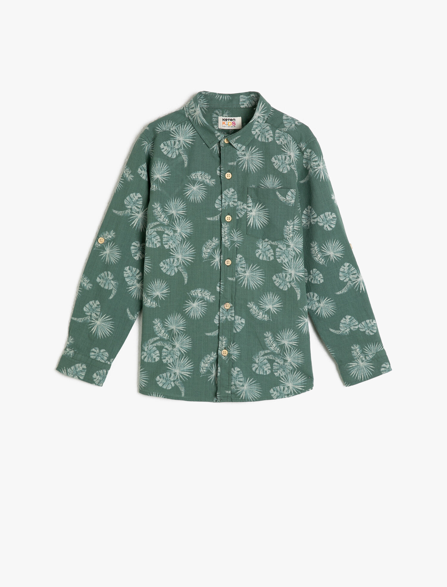  Erkek Çocuk Yaprak Desenli Pamuklu Kumaş Uzun ve Katlanabilir Kollu Gömlek