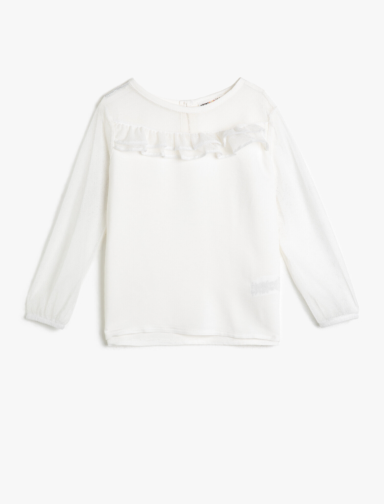  Kız Çocuk Dökümlü Kumaştan Tüllü Fırfırlı Bisiklet Yaka Uzun Kollu Bluz