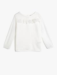 Dökümlü Kumaştan Tüllü Fırfırlı Bisiklet Yaka Uzun Kollu Bluz