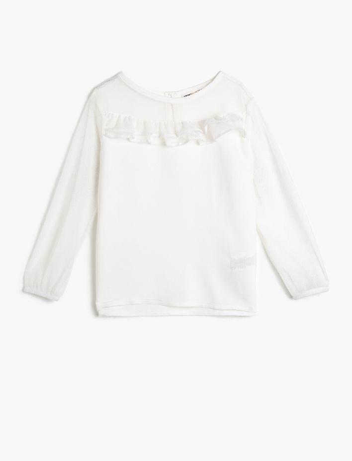 Kız Çocuk Dökümlü Kumaştan Tüllü Fırfırlı Bisiklet Yaka Uzun Kollu Bluz