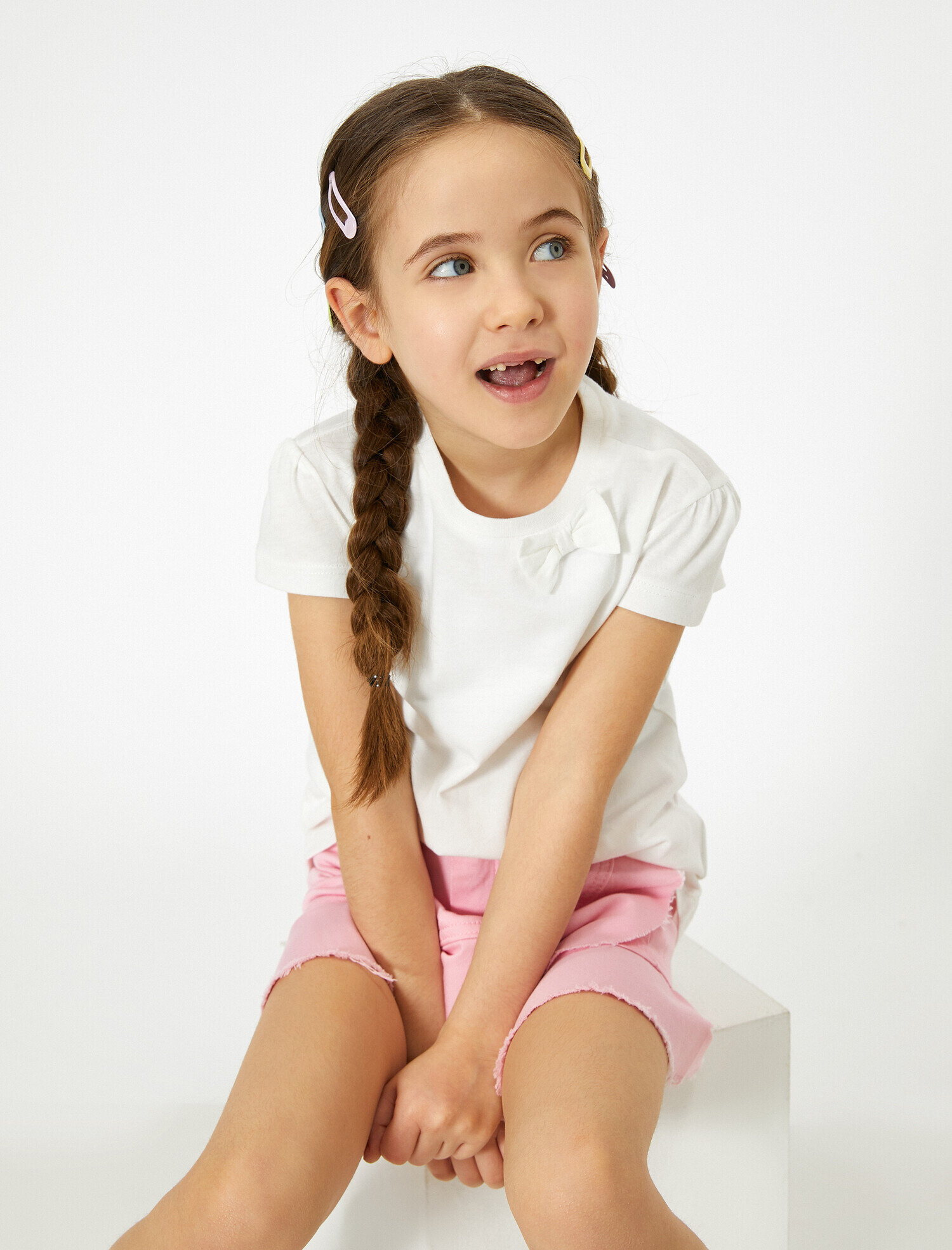  Kız Çocuk Basic Yumuşak Pamuklu Bisiklet Yaka Kısa Kollu Tişört