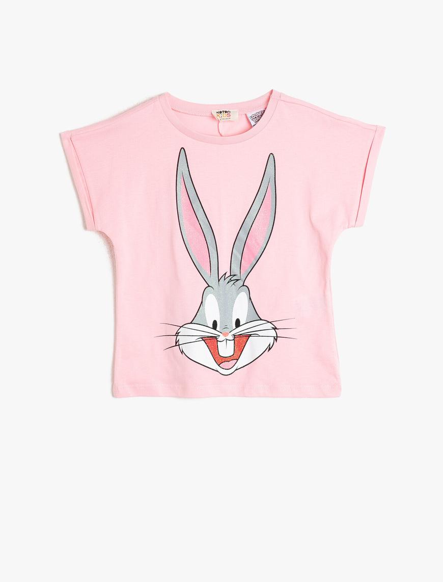  Kız Çocuk Bugs Bunny Lisanslı Simli Baskılı Bisiklet Yaka Kısa Kollu Pamuklu Tişört