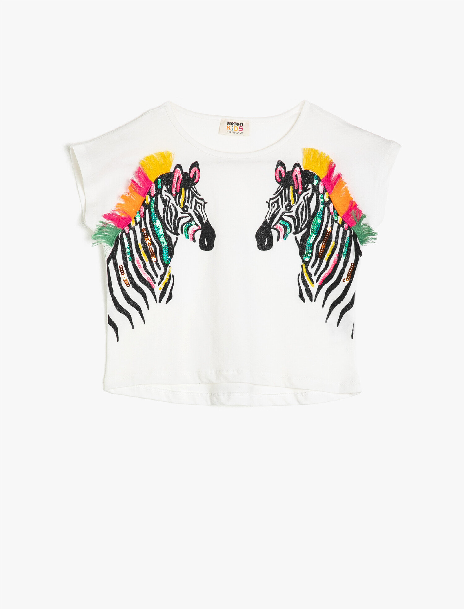  Kız Çocuk Bisiklet Yaka Kısa Kollu  Pamuklu Baskılı Püskül Detaylı Tişört