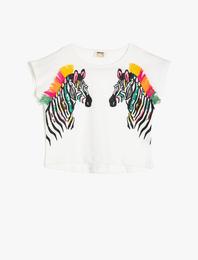 Bisiklet Yaka Kısa Kollu  Pamuklu Baskılı Püskül Detaylı Tişört