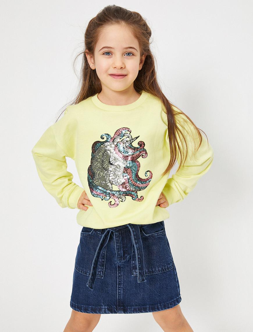  Kız Çocuk İçi Tüylü Yumuşak Sweatshirt Kumaşından Unicorn Pullu Sweatshirt