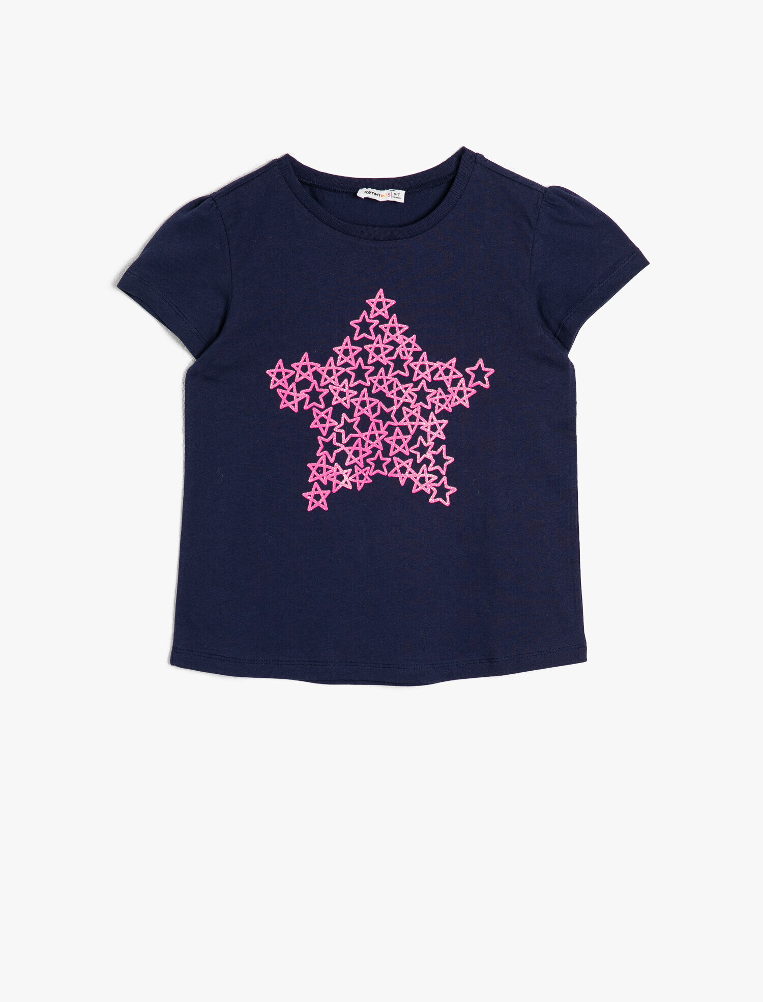 Kız Çocuk Pamuklu Simli Yıldız Baskılı Bisiklet Yaka Kısa Kollu Tişört