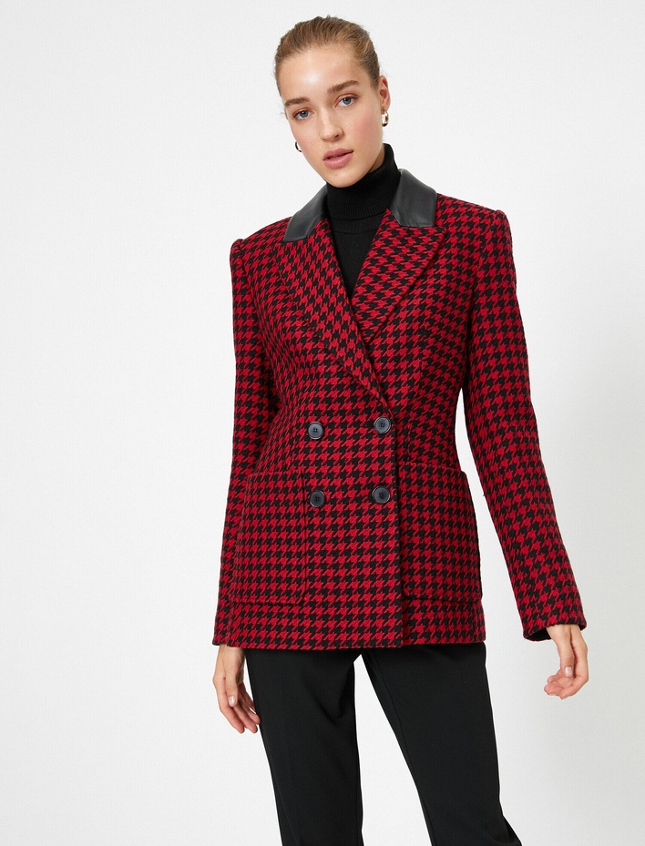  Suni Deri Detaylı Kazayağı Desenli Ceket