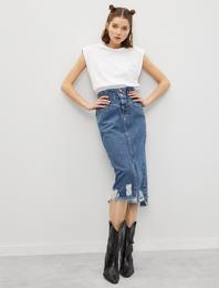 Organik Pamuk Bel Detaylı Yırtmaçlı Kot Etek