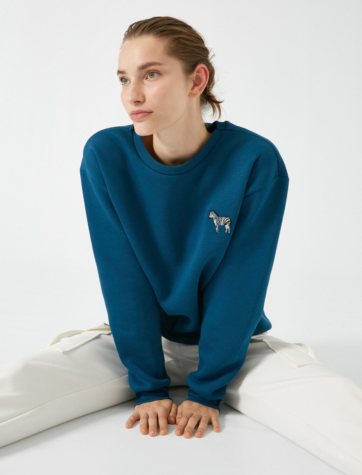   Bisiklet Yaka Uzun Kollu Zebra Detaylı Sweatshirt