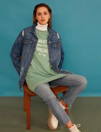 Slogan Baskılı Uzun Sweatshirt