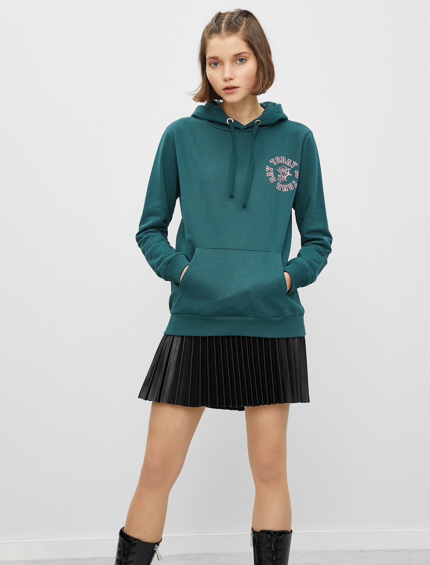   %100 Pamuk Kapüşonlu Yazılı Baskılı Sweatshirt