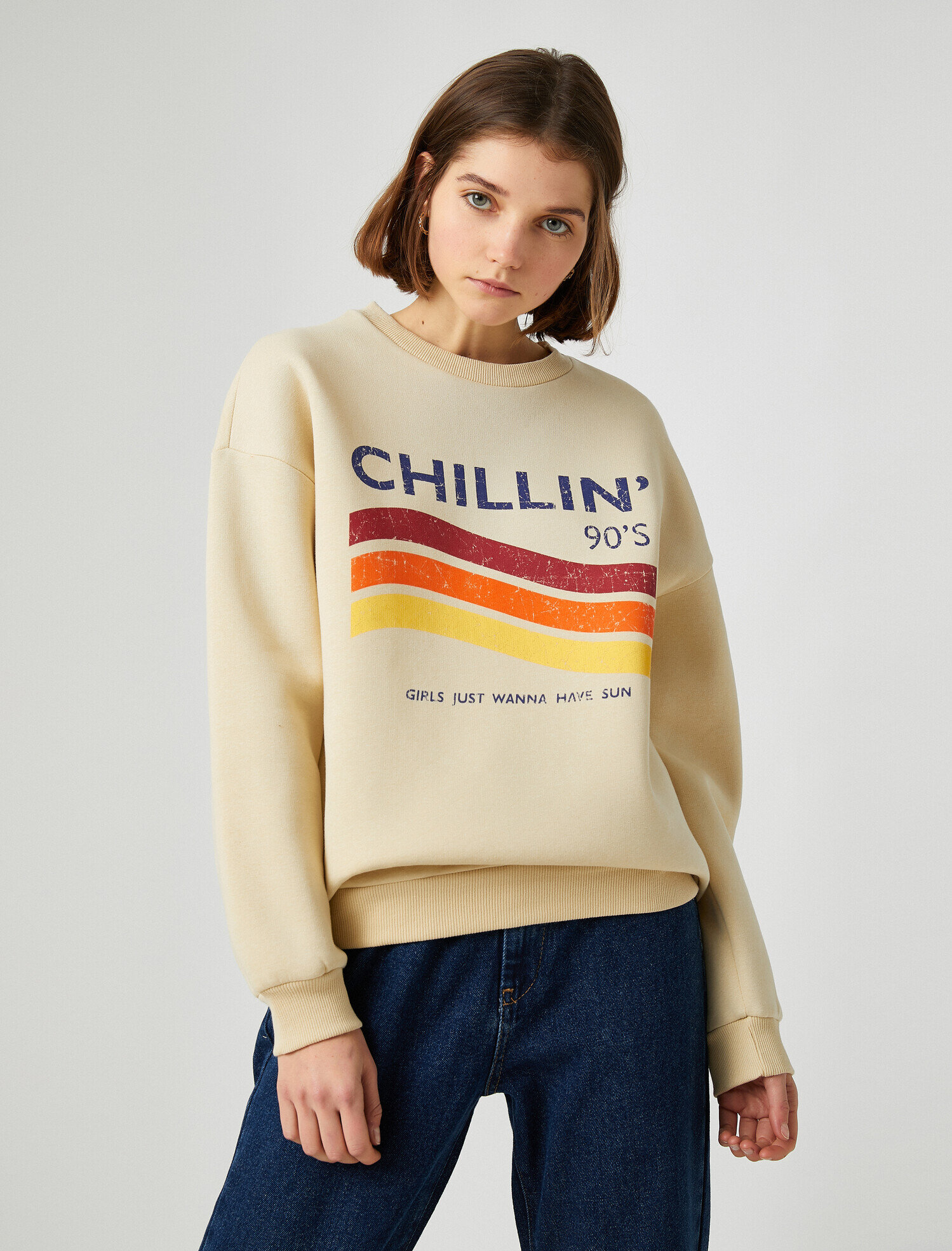   Pamuklu Bisiklet Yaka Yazılı Baskılı Sweatshirt