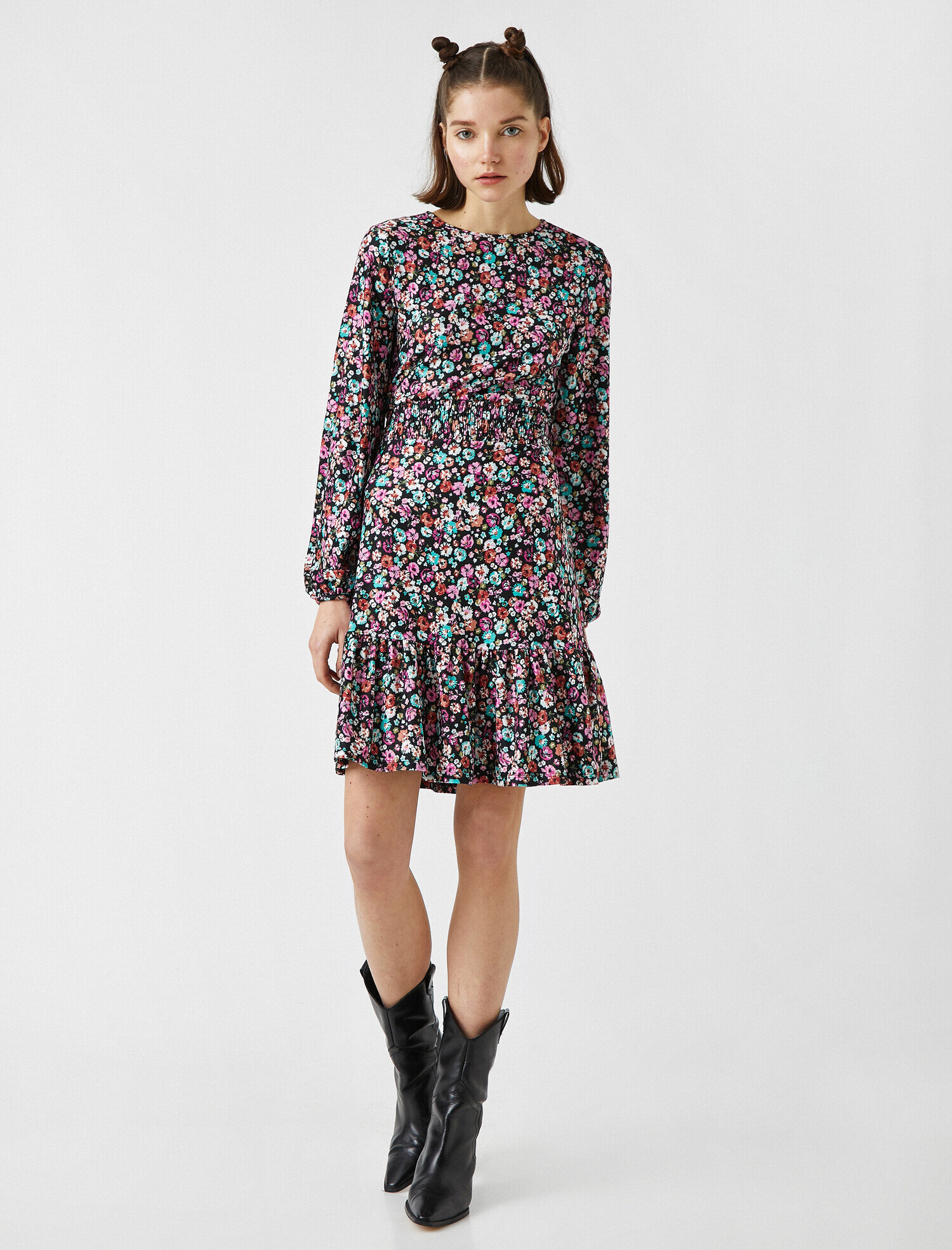   Bisiklet Yaka Uzun Kollu Fırfırlı Çiçekli Kısa Elbise