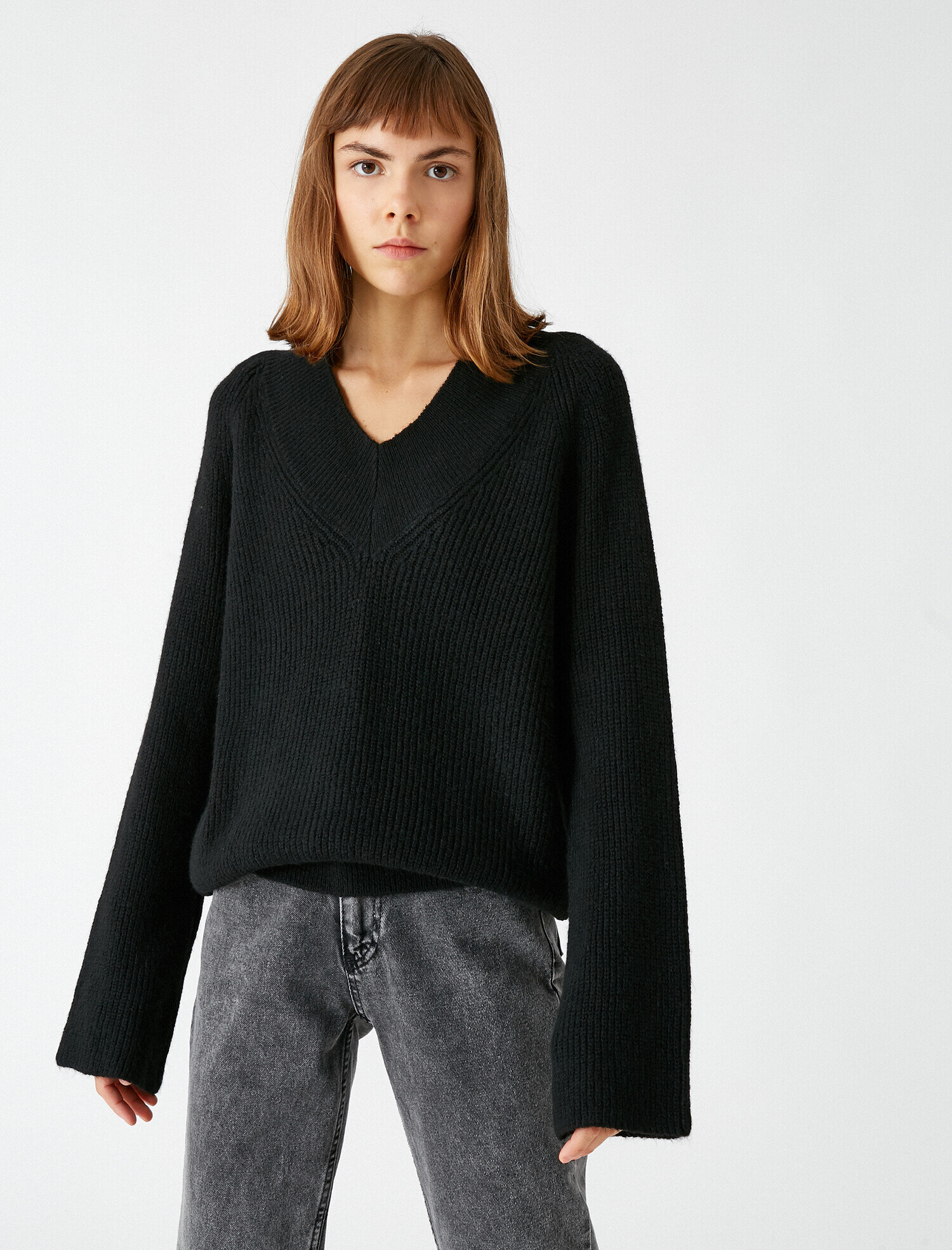   V Yaka Uzun Kollu Triko Kazak