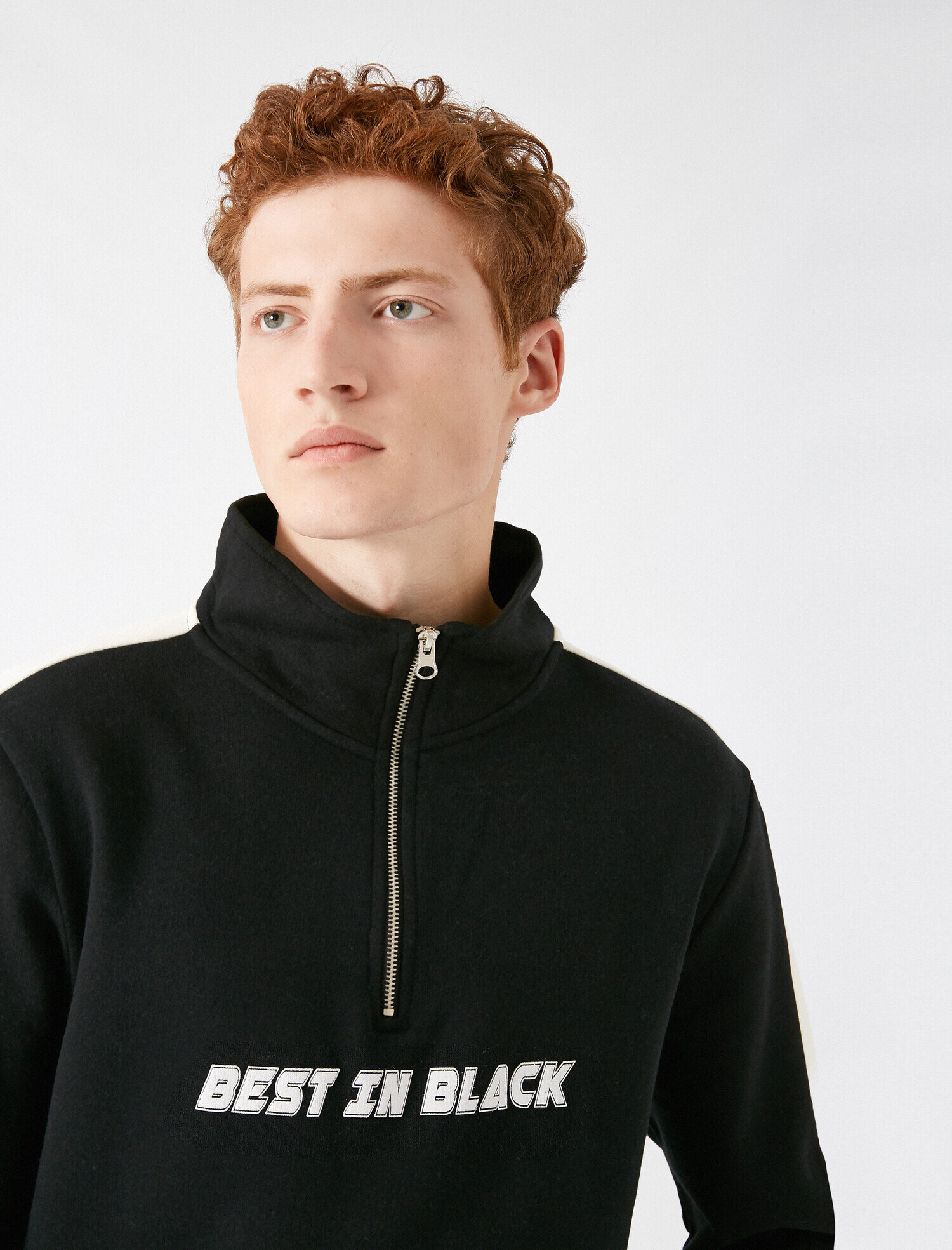   Yüksek Yaka Şeritli Baskılı Fermuarlı Sweatshirt