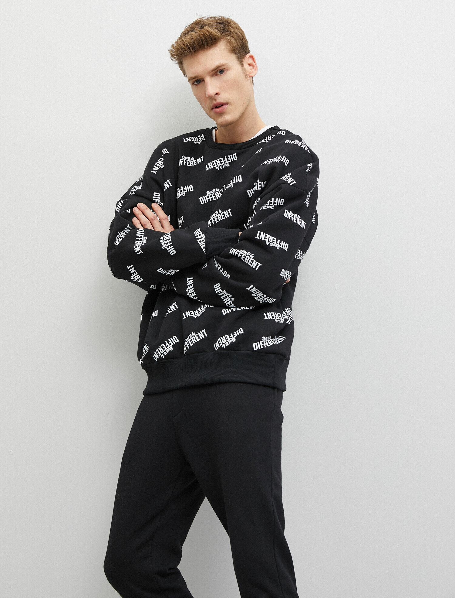   Baskılı Bisiklet Yaka Uzun Kollu Sweatshirt