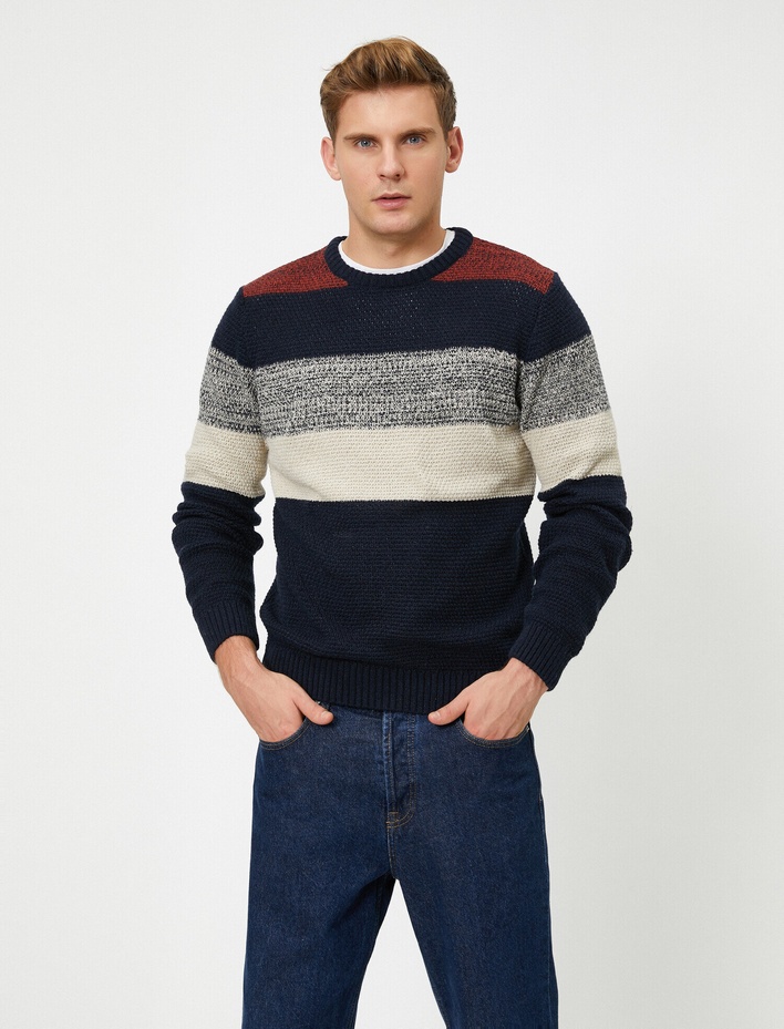  Renk Bloklu Bisiklet Yaka Uzun Kollu Triko Kazak