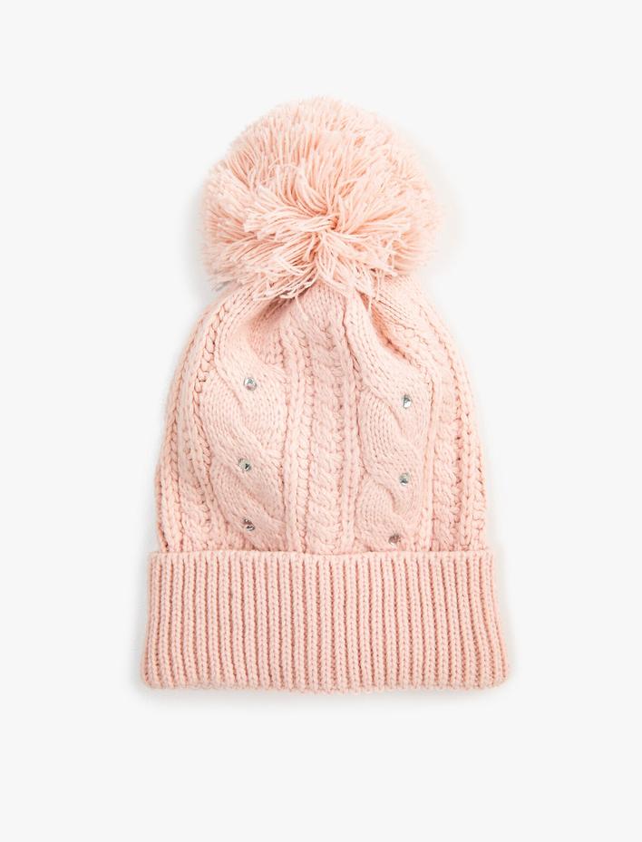 Kız Çocuk Ponponlu Taşlı Örgü Bere