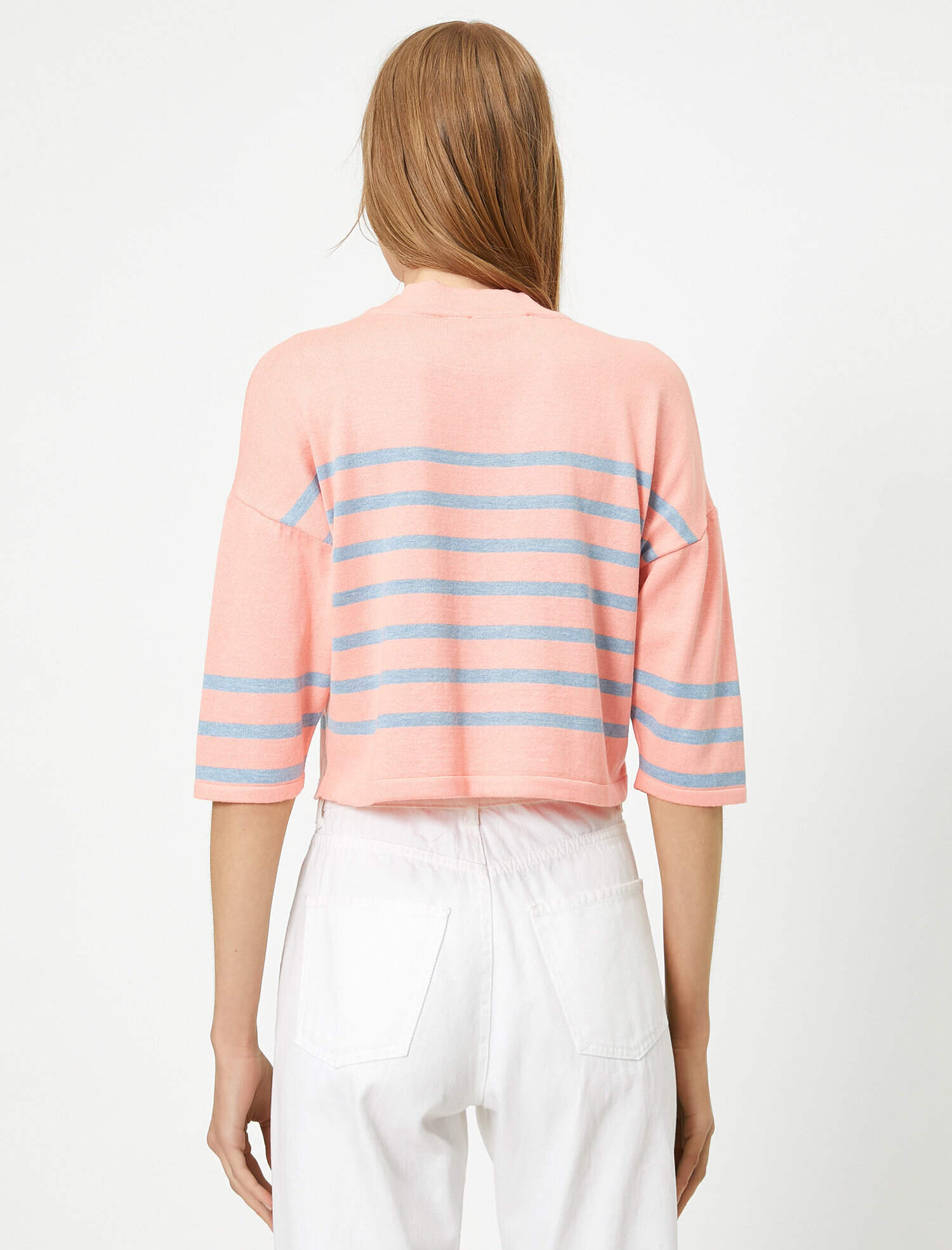   Çizgili Dik Yaka İnce Triko Kazak