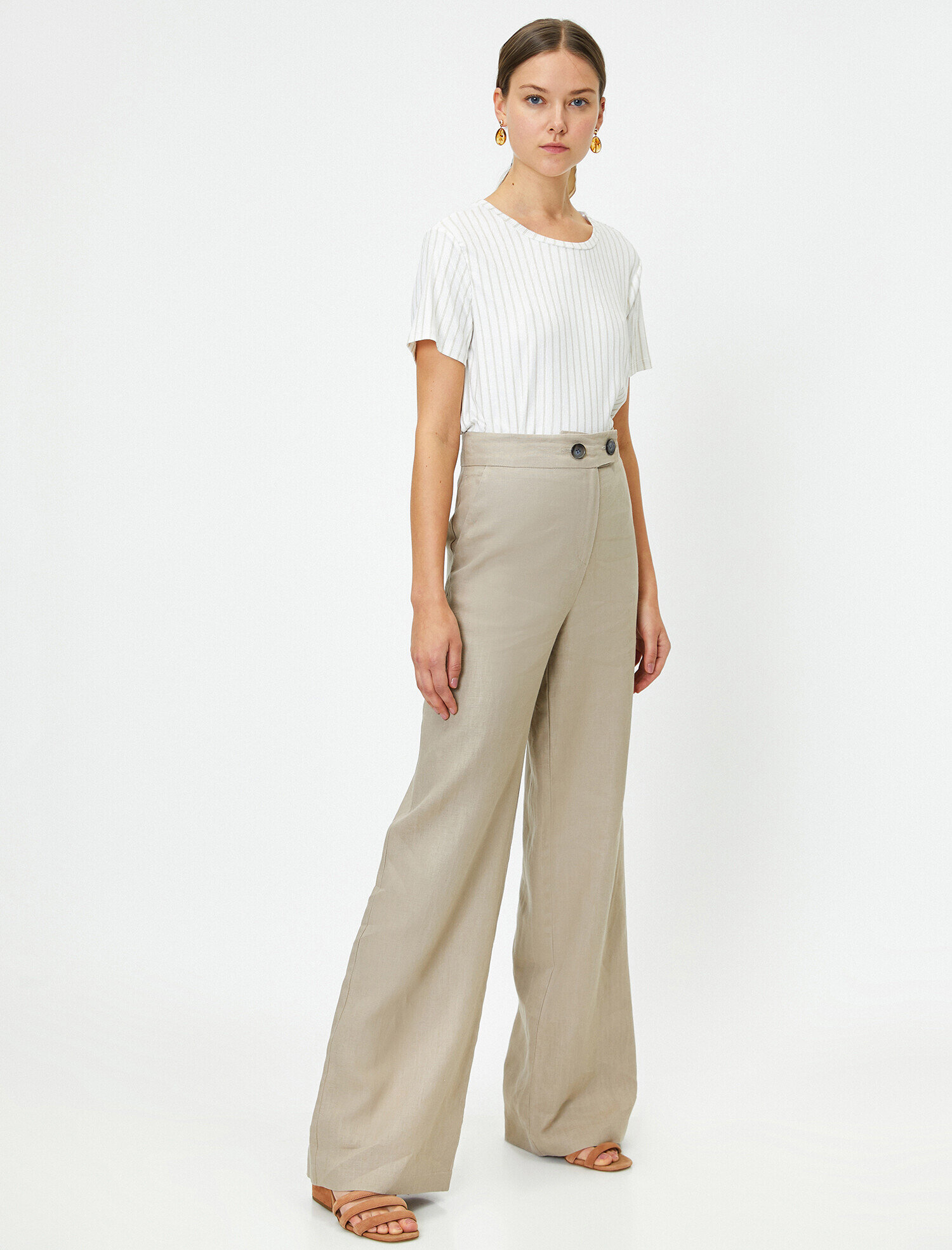   Kontrast Belli Düğme Detaylı Geniş Paça Pantolon Keten Karışımlı